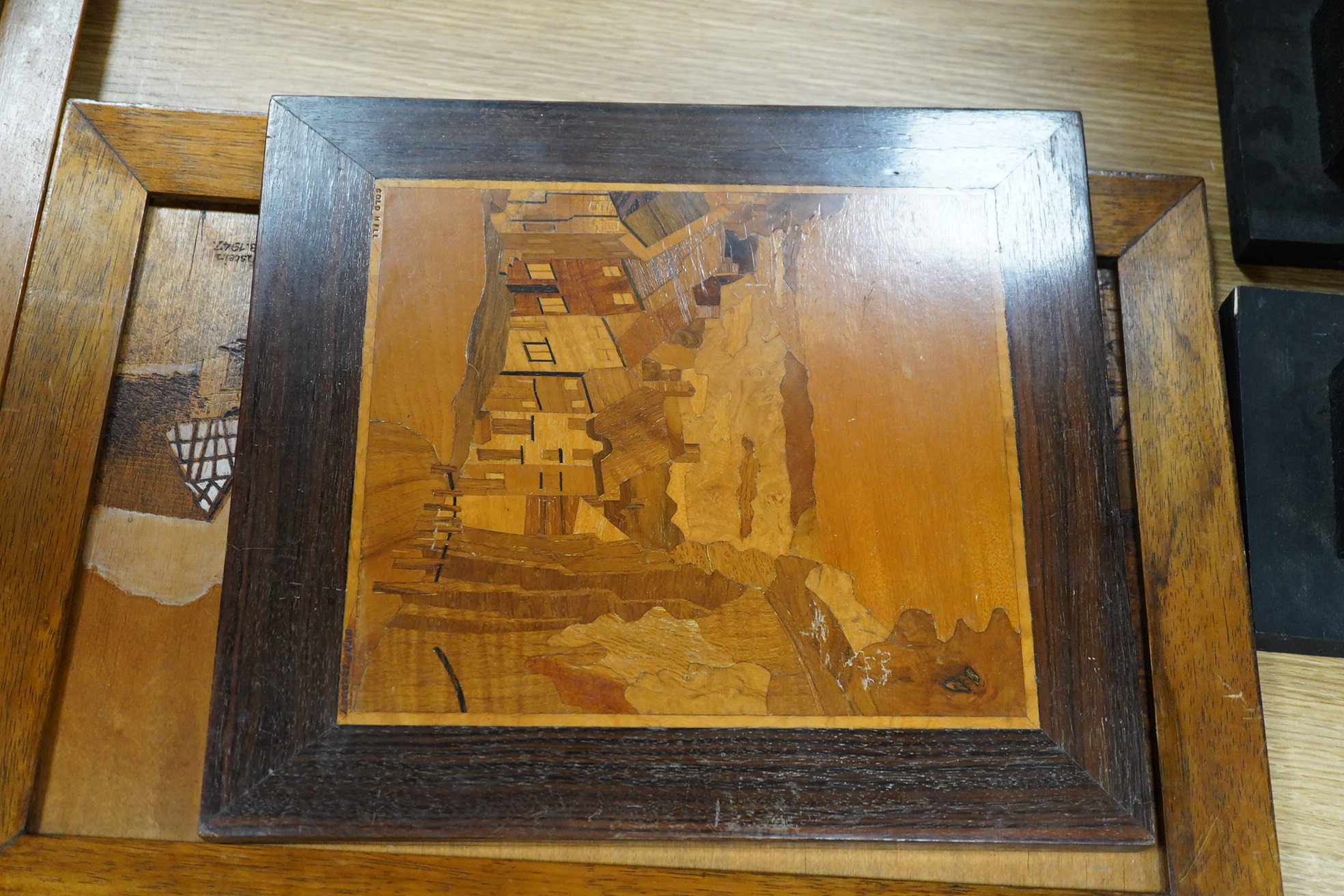 A large fan shaped wooden marquetry panel - 50cm high, a similar tray and two pictures, including three other similar pictures (6)